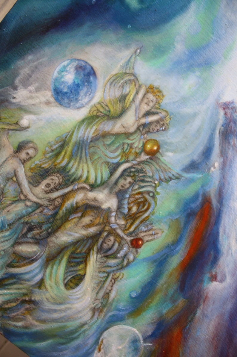 May include: A painting depicting a group of figures in a swirling, celestial scene. The figures are draped in flowing robes and appear to be reaching towards a blue orb in the sky. The background is a mix of blues, greens, and oranges, creating a sense of movement and energy.