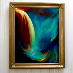 May include: A framed abstract painting with swirling colors of red, yellow, blue, and green. The painting is set against a dark background and features a bright yellow streak of light.