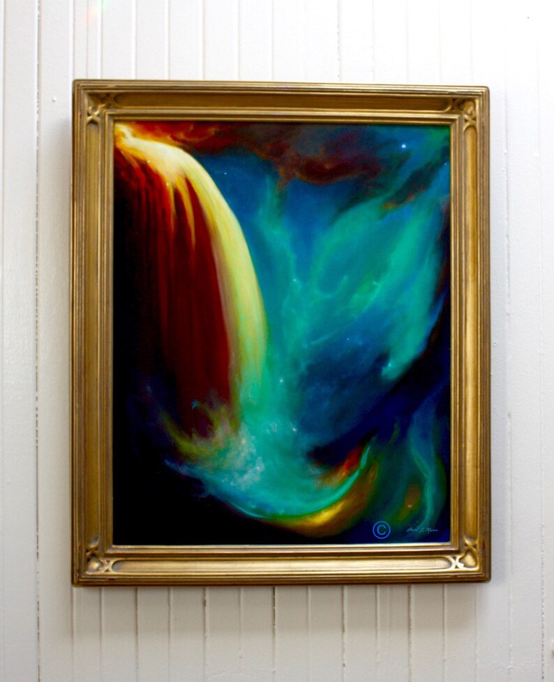May include: A framed abstract painting with swirling colors of red, yellow, blue, and green. The painting is set against a dark background and features a bright yellow streak of light.