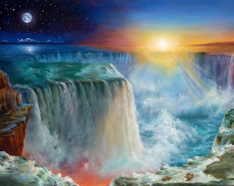 May include: A painting of a waterfall with a night sky on one side and a sunrise on the other. The waterfall is flowing over a cliff and into a body of water. The sky is filled with stars and a bright moon on the left side of the painting. The right side of the painting shows a bright sunrise with rays of light shining down on the water.
