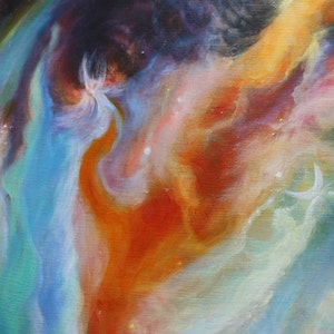 May include: Abstract painting with swirling colours of blue, green, orange, and white. The colours blend together to create a nebula-like effect.