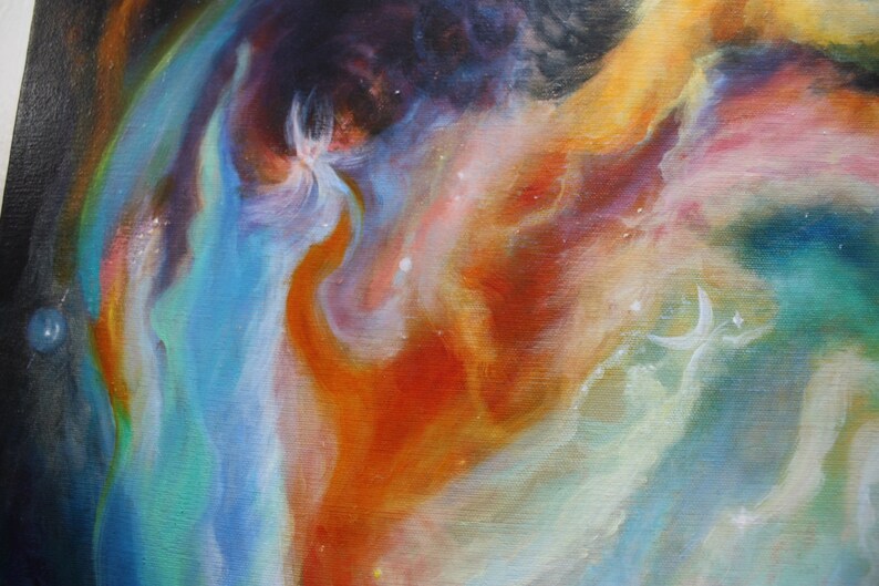 May include: Abstract painting with swirling colours of blue, green, orange, and white. The colours blend together to create a nebula-like effect.