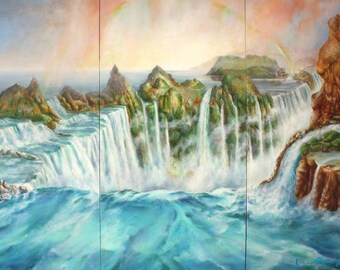 Victoria Falls Oil Painting ,Fantasy Landscape Art,Three Panels:12x48 = 36x48. ‘The Overseer’