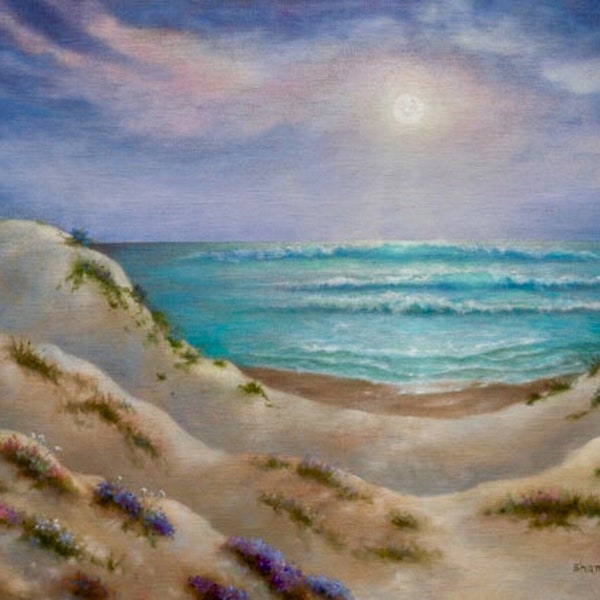 Seascape Painting-Beach Decor- "Springtime Under Pacifica Moonlit Sky"  Original Oil Painting.