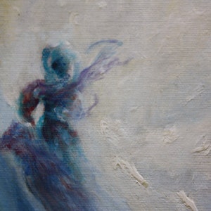 May include: A painting of a figure in a blue and purple dress, with a white background.