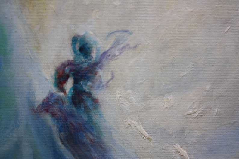 May include: A painting of a figure in a blue and purple dress, with a white background.