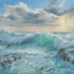 Seascape prints of Breaking Storm RockView Santa Cruz. CaliforniaCoastal Scenes. Ocean paintings. Home decor. Office decor