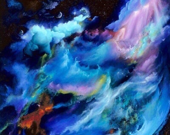 Neptune Abstract Space Oil Painting – Large Astronomy Art Canvas