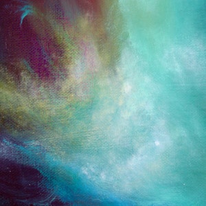 May include: Abstract painting with a blend of blue, green, and purple hues. The colors are blended together in a swirling pattern, creating a sense of movement and depth.