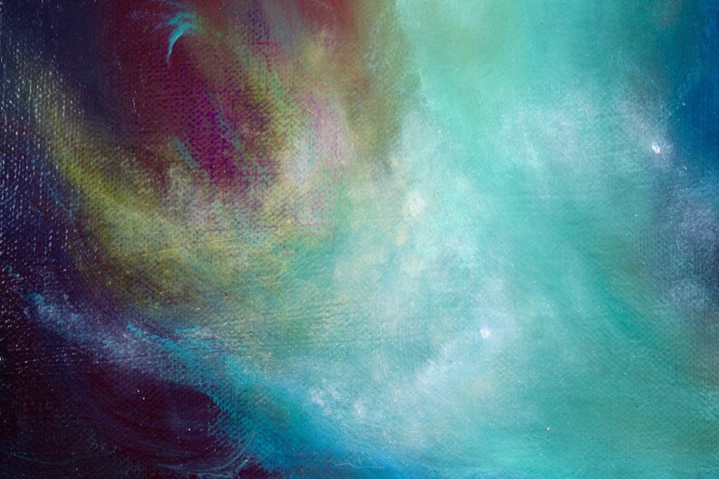 May include: Abstract painting with a blend of blue, green, and purple hues. The colors are blended together in a swirling pattern, creating a sense of movement and depth.