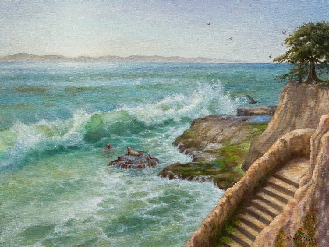 Seascape Prints Santa Cruz. Original Oil Painting. Home Decor. stairway