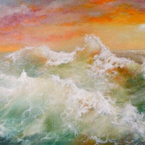 February Sunset  -  Seascape oil painting.santa cruz.crows nest beach. Surf.sunset beach.  home decor. titled  &#39; February Sunset&#39;