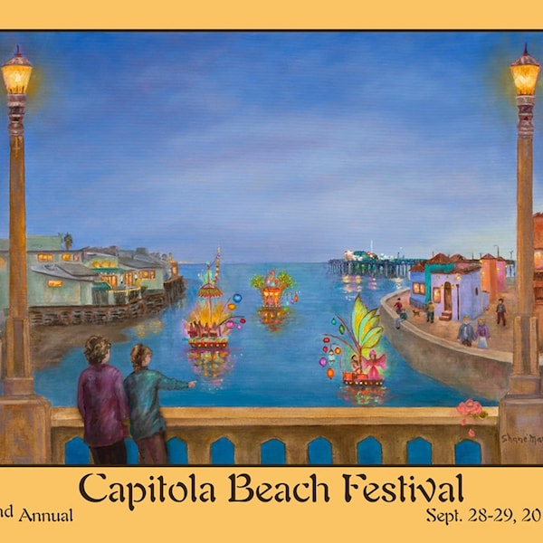 Historical Poster.Santa Cruz. Capitola. Coastal scenes. Begonia Festival.Lighting Up Capitola