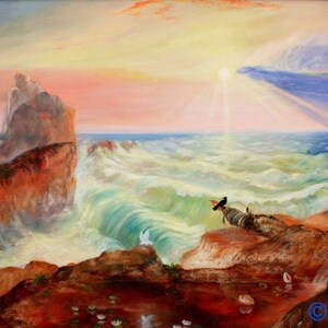 May include: A painting of a dramatic seascape with a rocky cliff in the foreground. The sky is a vibrant orange and pink, with a single ray of light shining down from the clouds. The waves are crashing against the rocks, creating a sense of movement and energy.