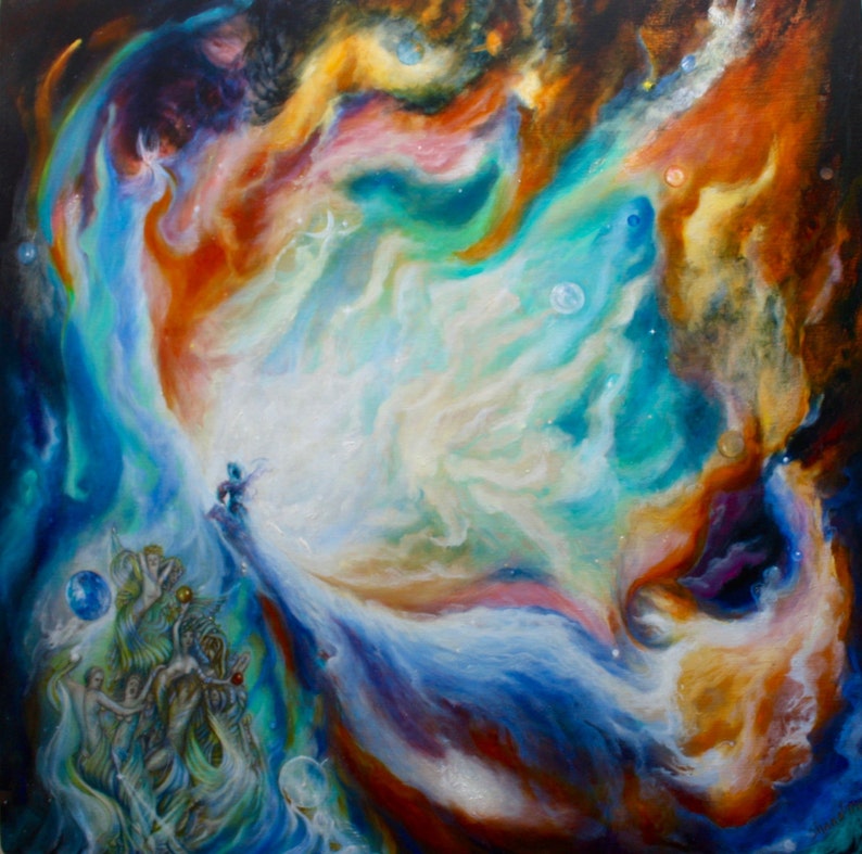 May include: An abstract painting depicting a nebula with swirling colours of blue, green, orange, and white. The nebula is surrounded by small, white dots that resemble stars. There are figures of people in the bottom left corner of the painting.
