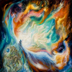 May include: A colourful abstract painting depicting a nebula with swirling clouds of blue, green, orange, and yellow. The nebula is surrounded by a dark background with scattered stars.