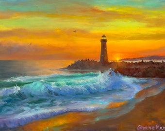 Walton Lighthouse Oil Painting: Evening Beach Seascape, Coastal Art Title “Misty Glow”