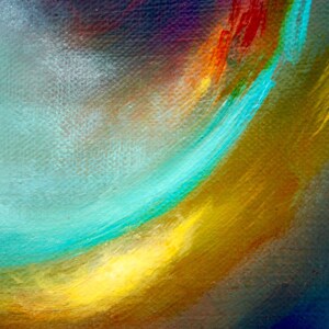 May include: Abstract painting with a blue, yellow, and red color scheme. The colors are blended together to create a swirling effect. The painting is done on a canvas.