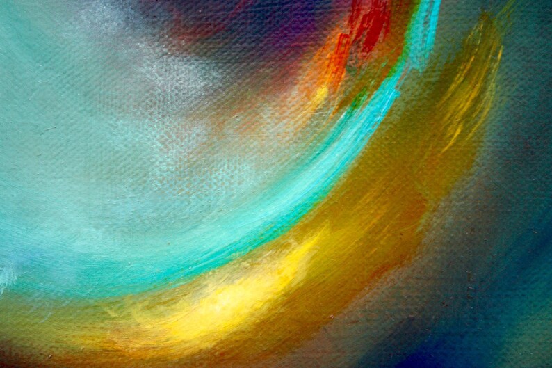 May include: Abstract painting with a blue, yellow, and red color scheme. The colors are blended together to create a swirling effect. The painting is done on a canvas.