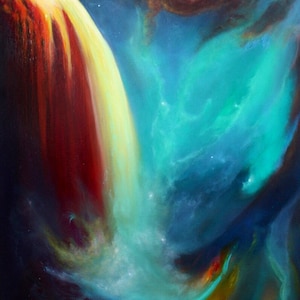 May include: Abstract painting of a bright yellow and red waterfall flowing into a dark blue and teal nebula with white stars.