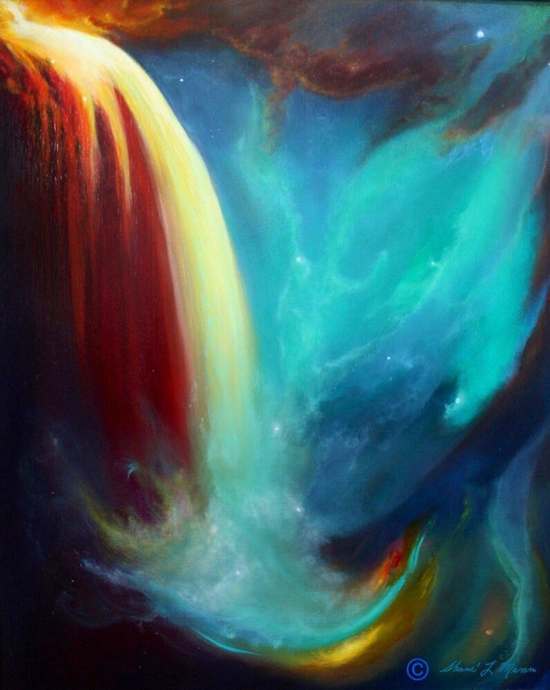 May include: Abstract painting of a bright yellow and red waterfall flowing into a dark blue and teal nebula with white stars.