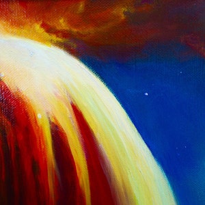 May include: Abstract painting with a bright yellow, white, and red curved shape against a dark blue background.