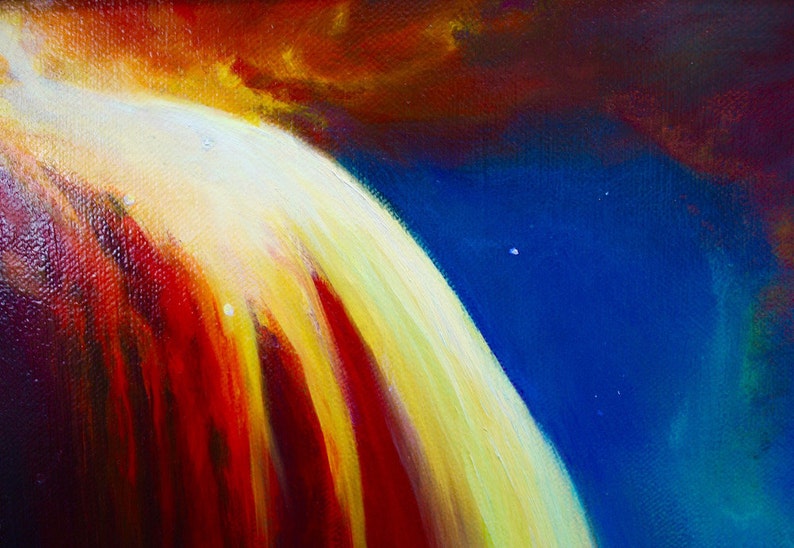 May include: Abstract painting with a bright yellow, white, and red curved shape against a dark blue background.