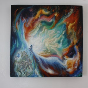 May include: Abstract painting of a nebula with swirling colours of blue, green, orange, and white. The painting has a dark background and a small figure in the centre.