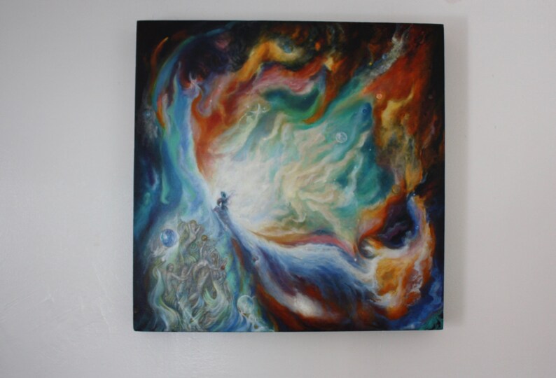 May include: Abstract painting of a nebula with swirling colours of blue, green, orange, and white. The painting has a dark background and a small figure in the centre.