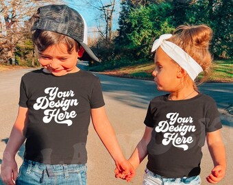 Sibling Black T-Shirt Mockup Models | Toddler Boy Girl Brother Sister TShirt Mock up | Childs Shirt | Kids Friends Tee Mockup | Rabbit Skins
