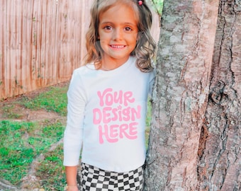 Kids White Bella Canvas 3501Y Long Sleeve Shirt Mock up Model Boho Outdoor Childrens 3501 Youth Graphic Tee Mockup Child Blank T-Shirt Mock