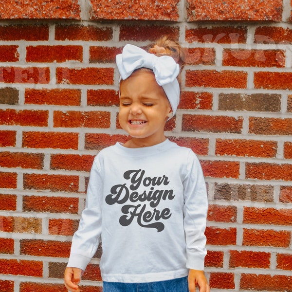 Toddler Long Sleeve White T-Shirt Mockup | Kids Shirt Mock up Model | Baby Graphic Tee | Bella Canvas 3501T Outdoor Childs Boho Model Mockup