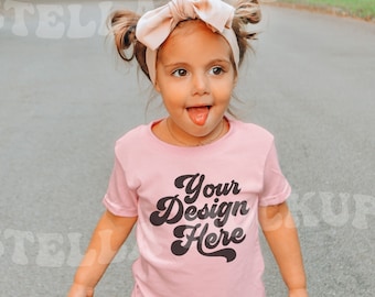 Kids Pink T-Shirt Mockup  | Boho Model | Childs Shirt Mock up | Baby Tee | Toddler Graphic T-Shirt | Bella Canvas | Outdoor Mockup | Girls