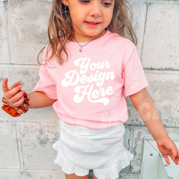 Kids Pink Bella Canvas T-Shirt Mockup Model | Boho Childs Shirt Mock up | Baby Tee | Toddler Graphic T-Shirt | Girls Outdoor Mockup Tshirt