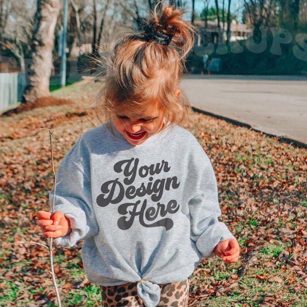 Kids Toddler Heather Gray Crewneck Sweatshirt Mockup Model | Childs Gray Outdoor Pullover Mock up | Boho Baby Girl Sweater