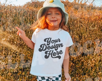 White T-Shirt Mockup Model | Toddler Girl TShirt Mock up | Childs Shirt | Trendy Kids Tee Mockup | Bella Canvas | Nature Outdoor SVG Mock