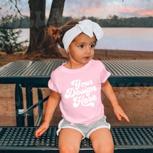 Kids Pink Valentine&#39;s Day T-Shirt Mockup Model | Childs Shirt Mock up | Baby Tee | Toddler Girls Boho Bella Canvas SVG Mockup | V-day Mocky