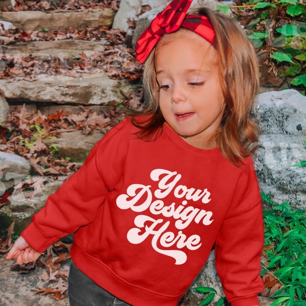 Kids ToddlerRed Crewneck Sweatshirt Mockup Model | Childs Red Christmas Pullover Mock up | Boho Baby Girl Sweater | Outdoor Mockup