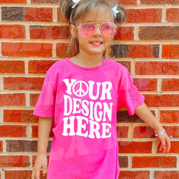 Kids Comfort Colors C9018 Youth Neon Pink T-Shirt Mockup Model Toddler Girl Trendy Oversized Hot Pink TShirt Childs SVG Mock up Outdoor