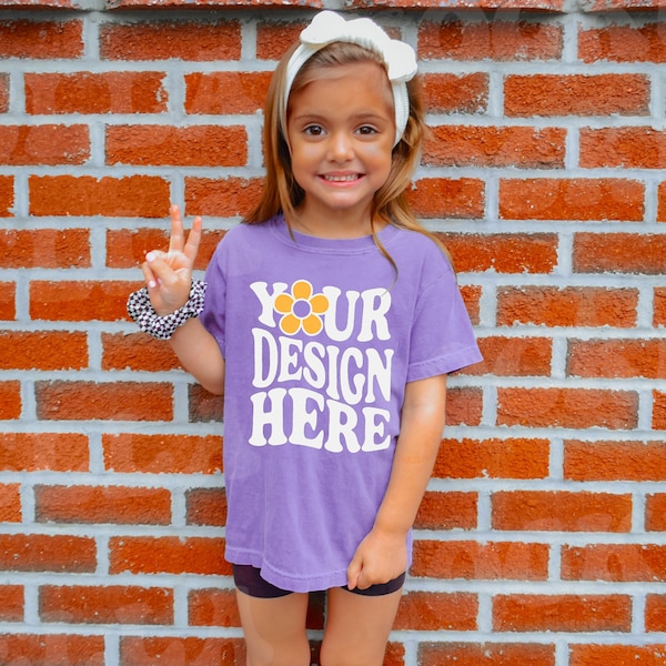 Kids Comfort Colors C9018 Youth Violet T-Shirt Mockup Model | Toddler Girl Trendy Purple TShirt Childs Mock up Shirt | Boho Children Outdoor