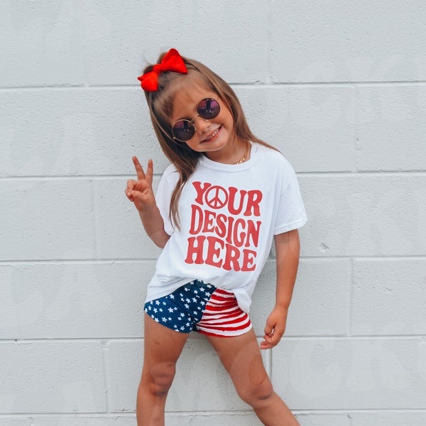 Kids White Bella Canvas 3001T 4th of July T-Shirt Mockup Model | Childs SVG TShirt Mock up Baby Tee Toddler Graphic Outdoor Red White Blue