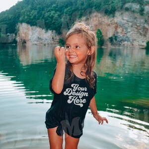 Kids Black Gildan T-Shirt Mockup Model | Boho Childs Shirt Mock up | Baby Tee | Toddler Graphic T-Shirt | Girls Outdoor Mockup Tshirt