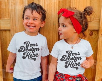 Sibling White T-Shirt Mockup Models | Toddler Boy Girl Brother Sister TShirt Mock up | Childs Shirt | Kids Friends Tee Mockup | Rabbit Skins