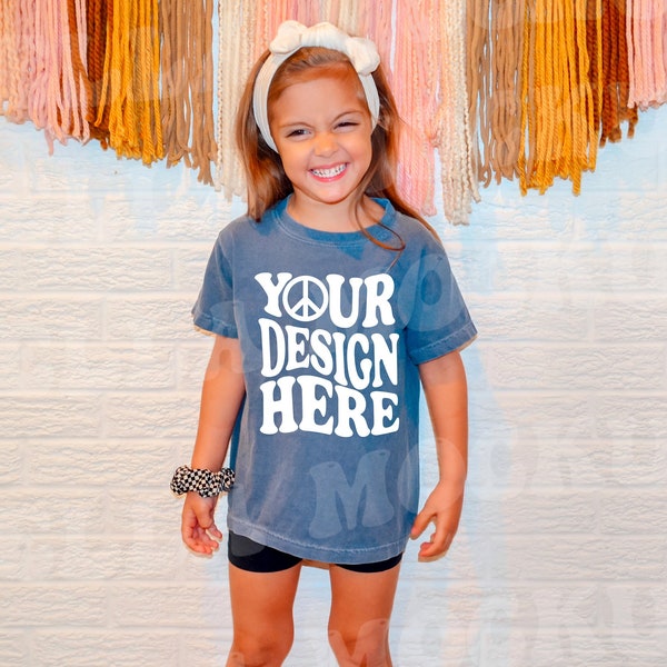 Kids Comfort Colors C9018 Youth Blue Jean T-Shirt Mockup Model | Toddler Girl Trendy Blue Navy TShirt Childs Mock up Shirt | Boho Children