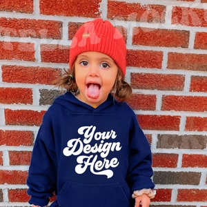 Kids Navy Hoodie Sweatshirt Mockup Model Gildan Pullover Hooded Mock up Baby Sweatshirt Childs Sweatshirt Toddler Hoodie Youth image 1