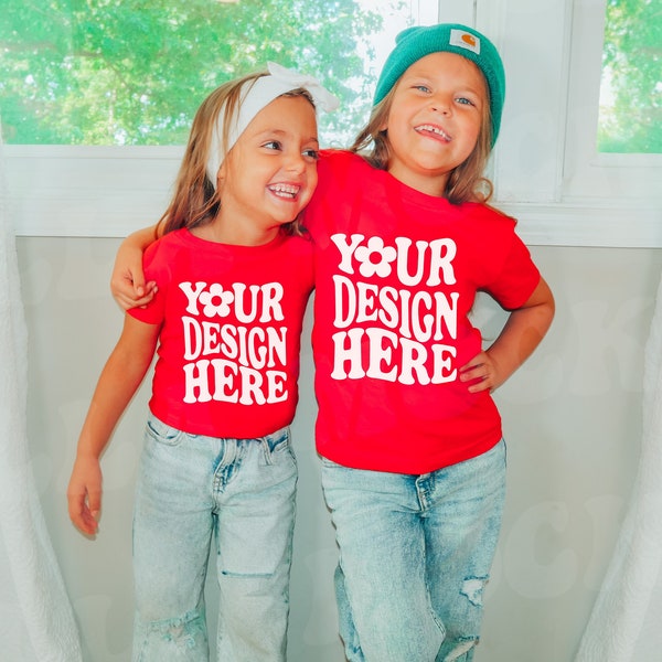 Kids Red T-Shirt Gildan 5000B Mockup | Sibling Friends Family Tee Mockup Models | Sister Childs Christmas TShirt Mock up | Group 2 Person