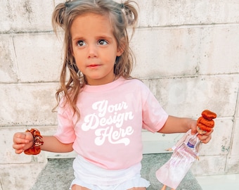 Kids Pink Bella Canvas T-Shirt Mockup Model | Boho Childs Shirt Mock up | Baby Tee | Toddler Graphic T-Shirt | Girls Outdoor Mockup Tshirt