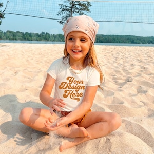 Kids Bella Canvas 3001T Natural T-Shirt Mockup Model Toddler Cream Off White | SVG Sublimation Graphic Tee Mock up Beach Baby Girls Outdoor