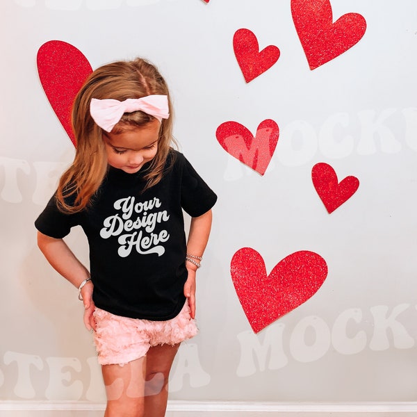 Kids Valentine's Day Black T-Shirt Mockup Model | Childs Shirt Mock up | Baby Tee | Toddler Girls Boho Bella Canvas SVG Mockup V-day Tshirt