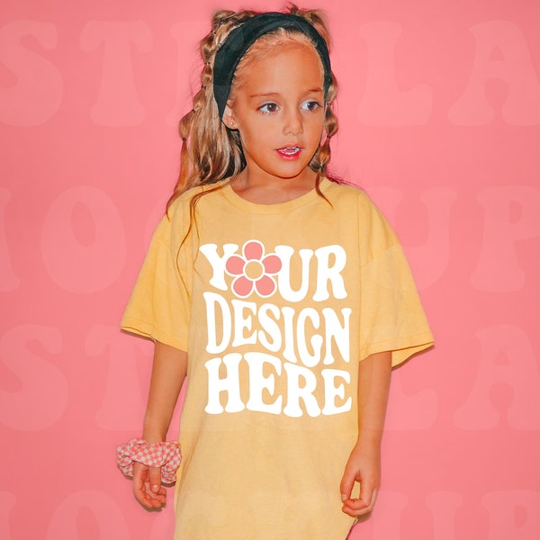 Kids Gildan 5000B Yellow Haze T-Shirt Mockup Model | Little Girls White TShirt Mock up Toddler Graphic Tee Outdoor Trendy Boho SVG Youth